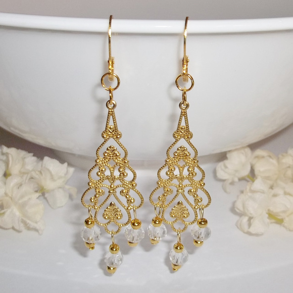 wvluckygirl Jewelry - Earring Chandelier Statement Gold & Clear Set 4505